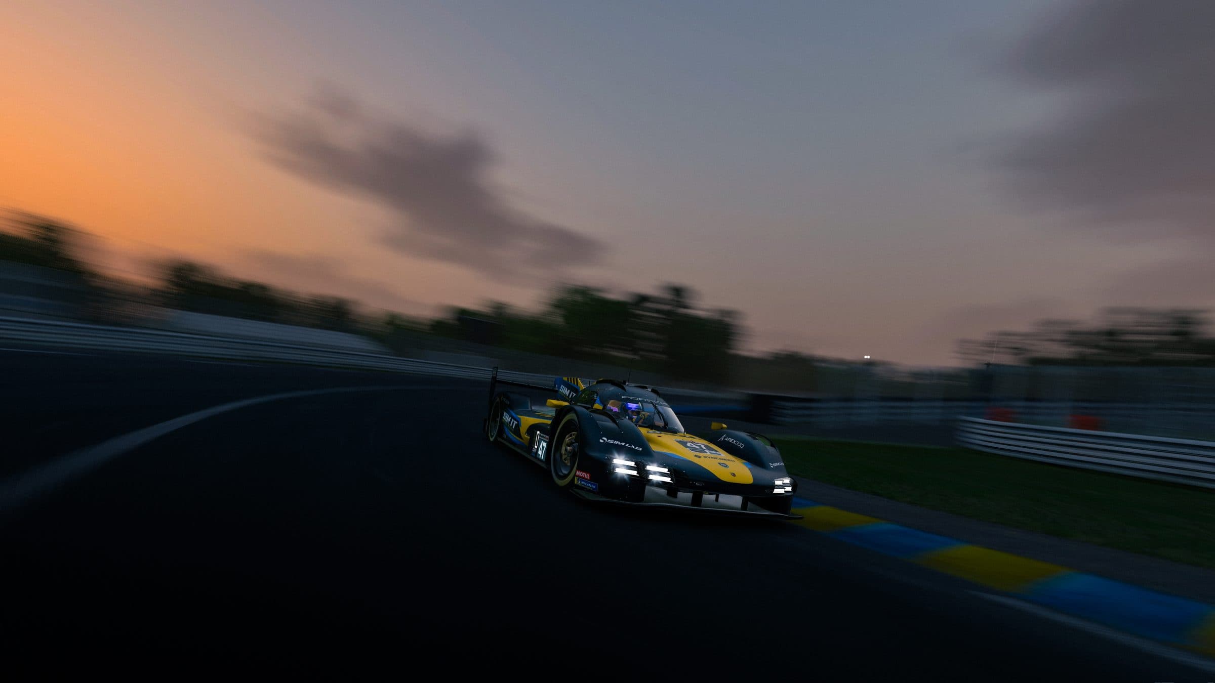 The Sim It car at dusk during the 24 Hours of Le Mans