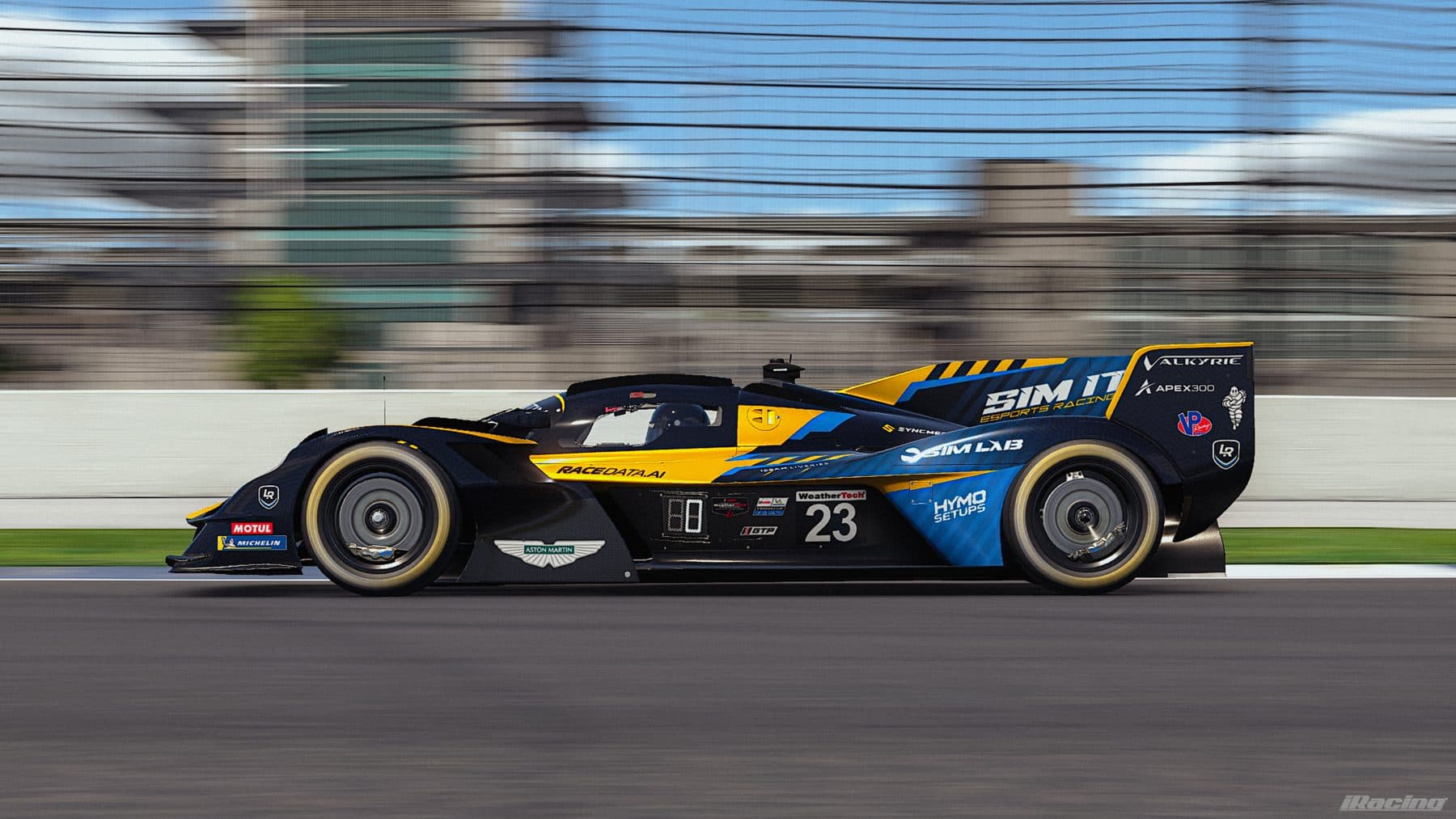 The Sim It Aston Martin Valkyrie, car 23, side on with partner logos